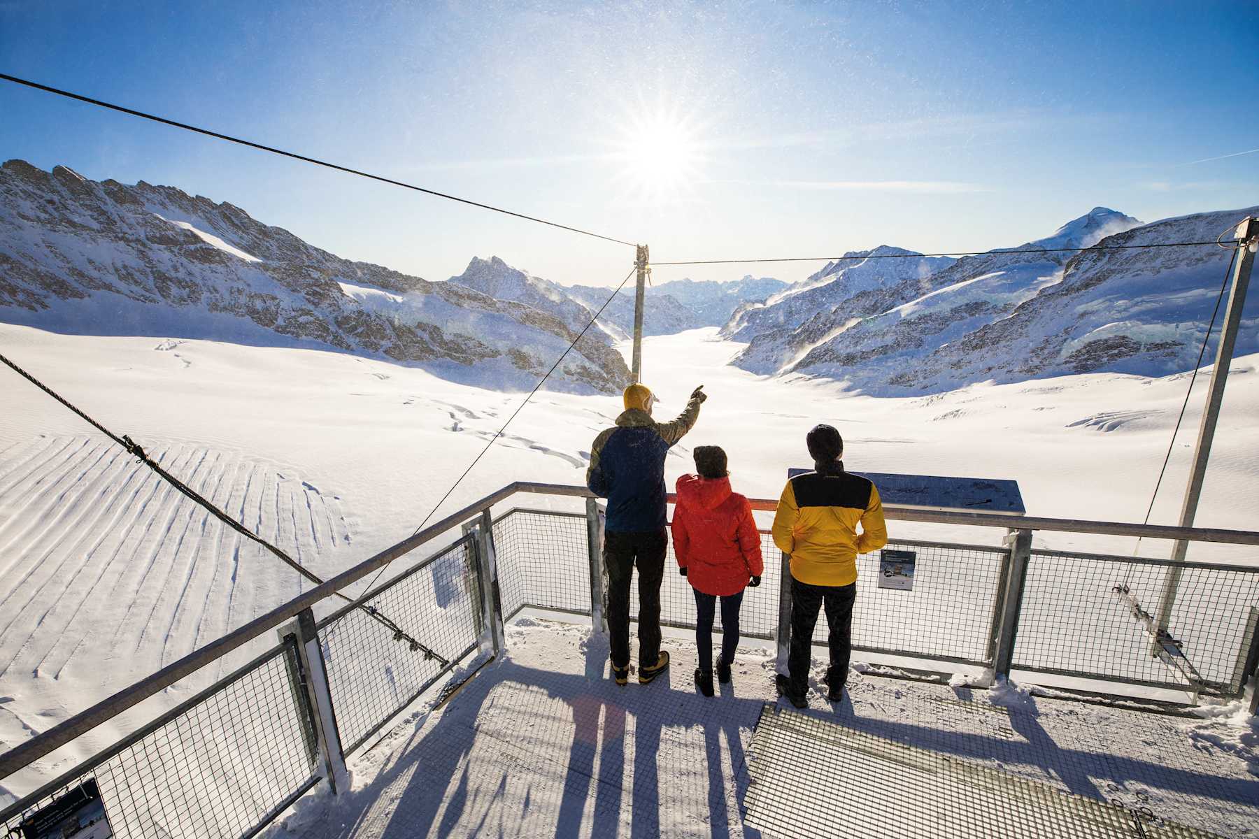 Terraço panorâmico do observatório Sphinx com a geleira de Aletsch ao fundo