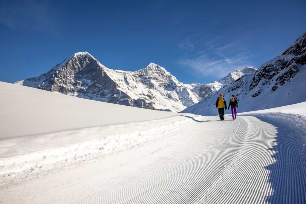 Trilha de inverno na neve com a parede norte do Eiger à direita